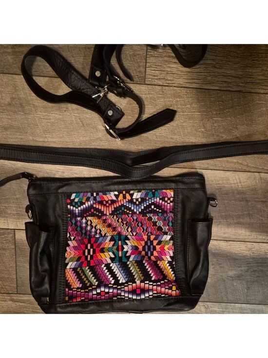 Handbags - Colorful Patterned Black Leather Women's Bag